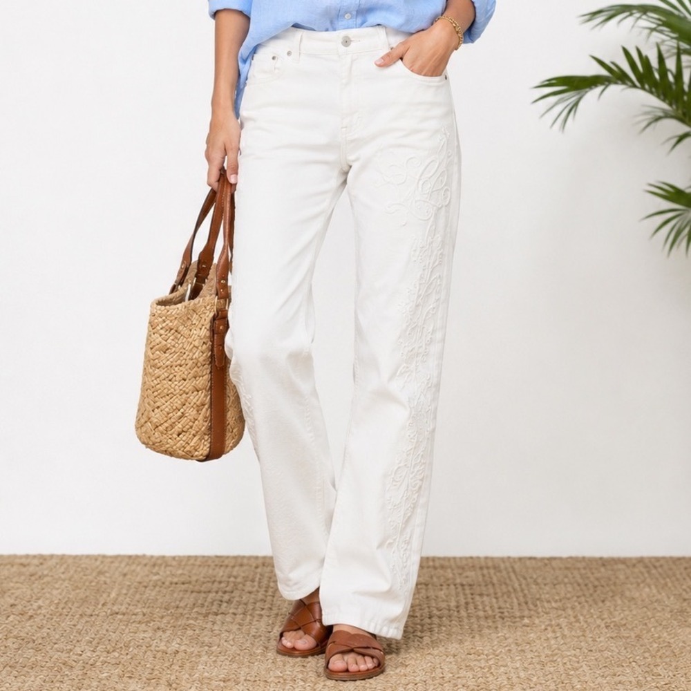 Lauren Ralph Lauren White Embroidered Eyelet Straight Leg Jeans Womens 12 Floral